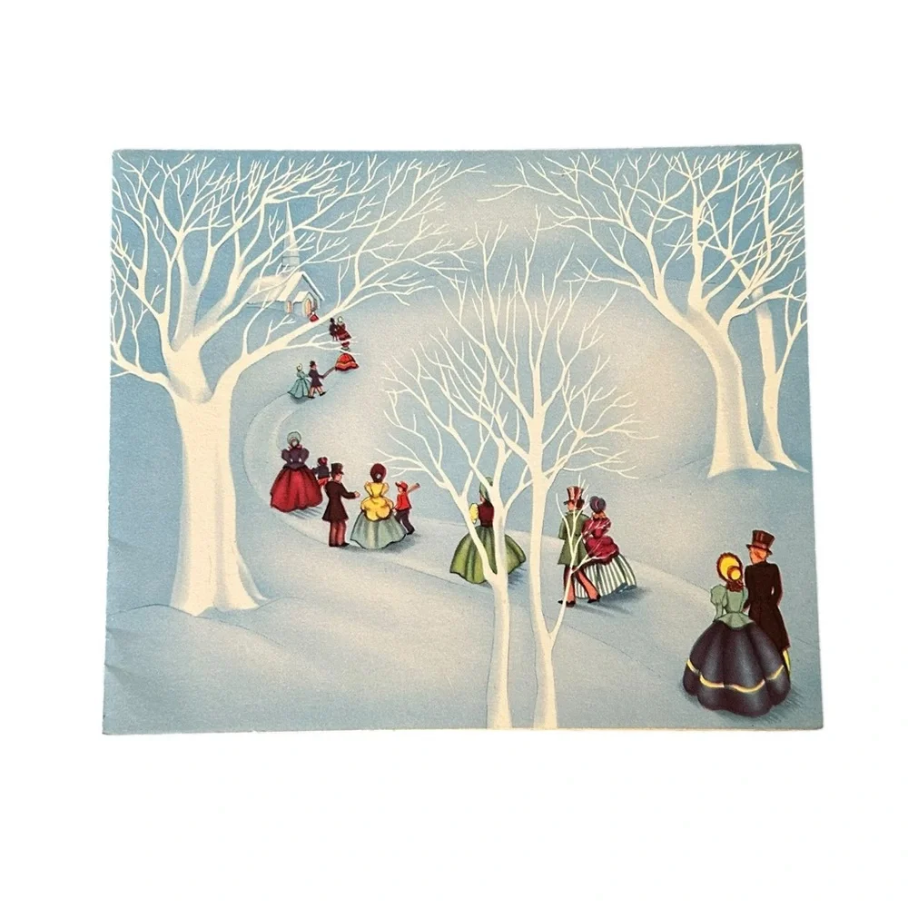 VTG 40s 50s Christmas Greeting Card Victorian Snowy Winter Walk Retro Ephemera